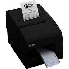 An Epson receipt printer, model TM-H6000V-232, in black, with a piece of paper partially printed from it, showing the printer's output.